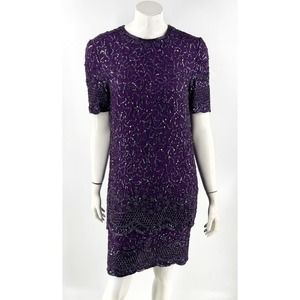VTG Brilliante By JA Silk Beaded Cocktail Dress Size Small Purple Tiered Sheath